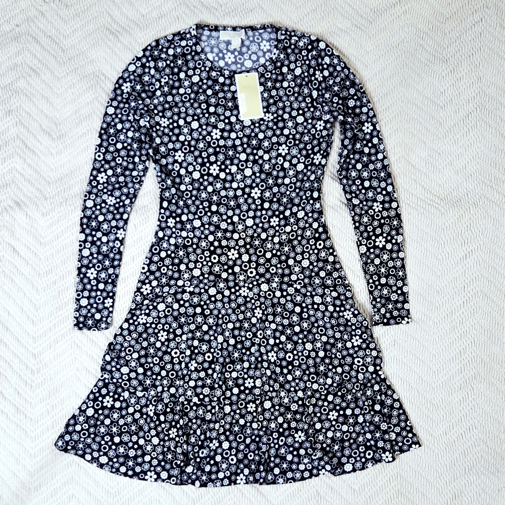 MICHAEL KORS Black Floral Long-sleeves Dress XXS NEW